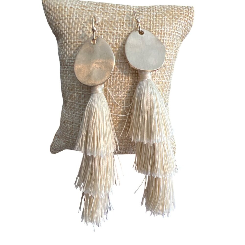 3 Tiered Tassel Earrings Gold Tone Disc Cream Thread Statement Jewelry 3.5" NWOT
